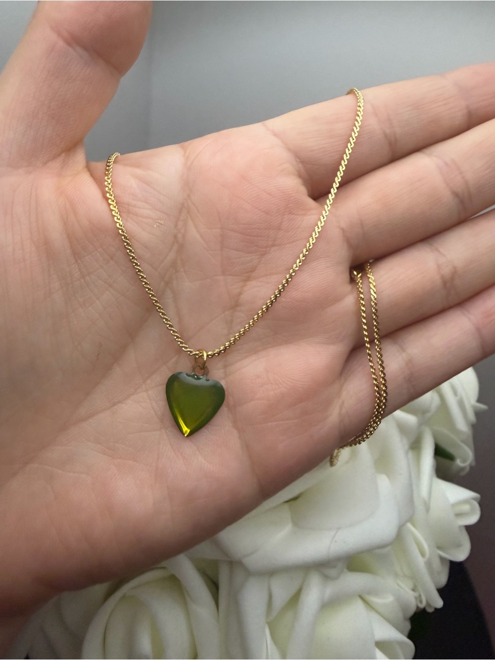 Gold Chain Necklace with Olive Green Heart Pendant - Women Jewelry